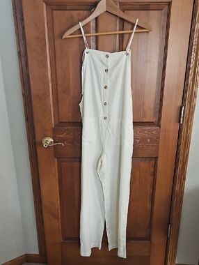 Cream Button-Front Jumpsuit with Adjustable Straps